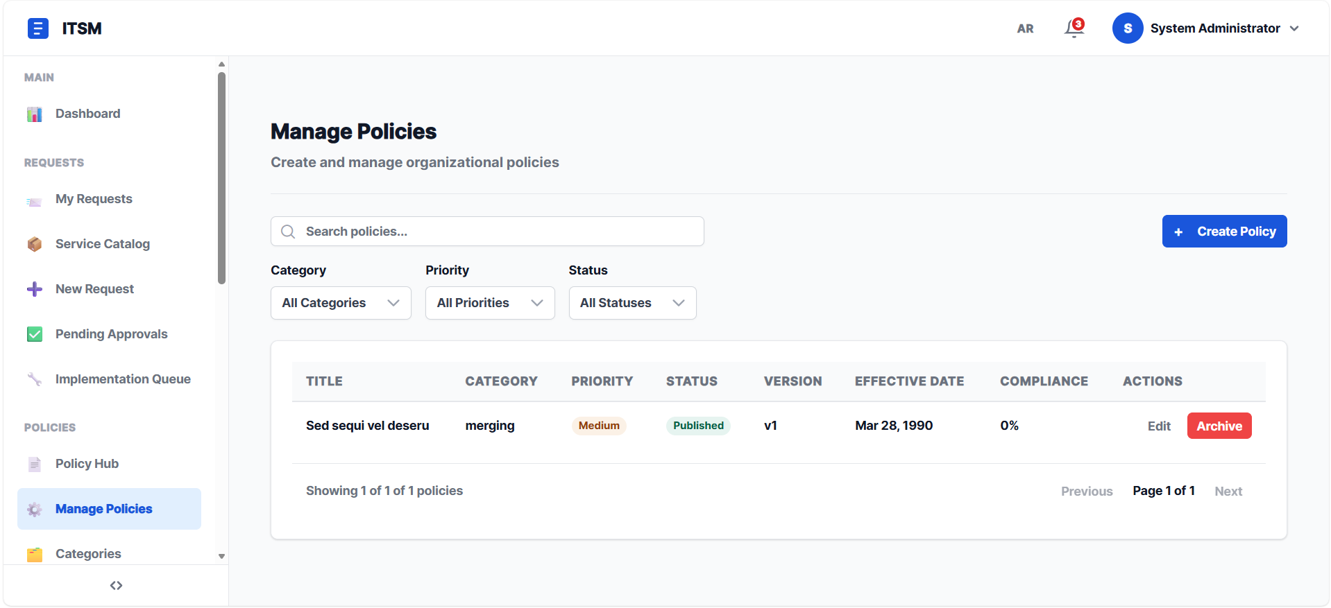 ITSM Policy Management — create and publish organizational policies